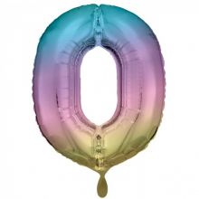 Folienballon Zahl 0 Regenbogen pastell